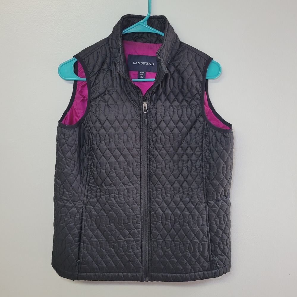 Lands End Quilted‎ Vest Black Womens M Primaloft Full Zip Mock Neck Pink Lining